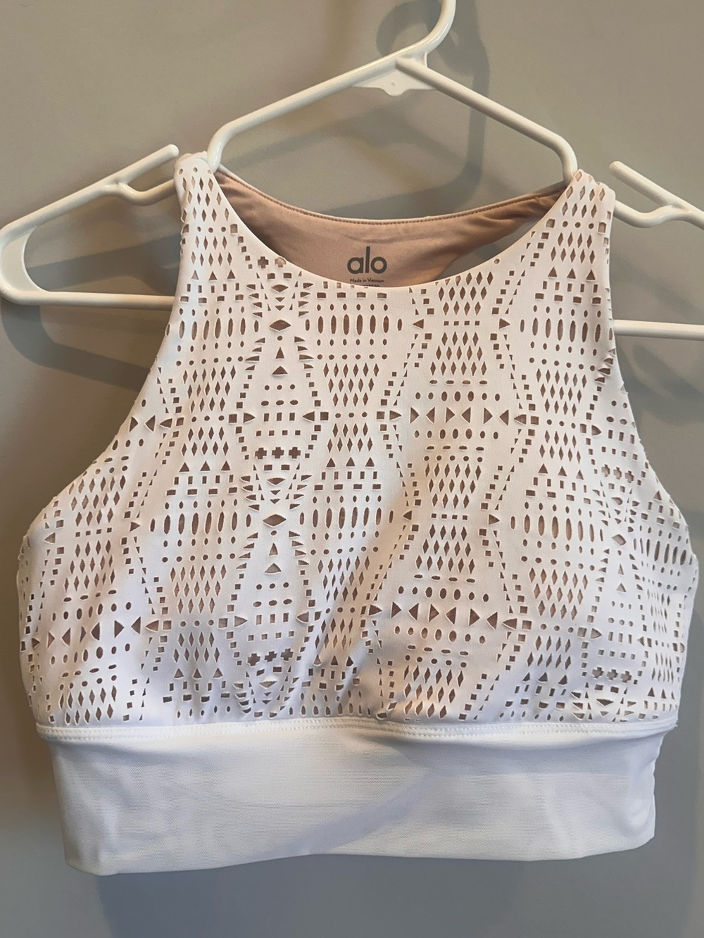 ALO Yoga White Laser-Cut High Neck Sports Bra